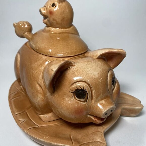 Pig Canister/Jar Gravy, Cream Or Sugar Glazed Ceramic 4 Pcs - Picture 1 of 11